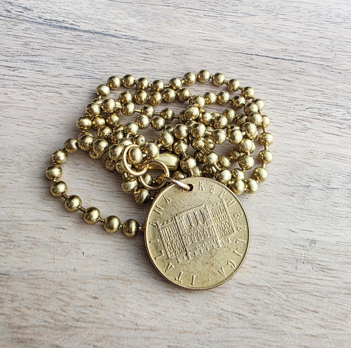 1981 200 Lire Italian Coin Necklace, Chunky Brass Ball Chain, World Food Day Coin, Made in USA