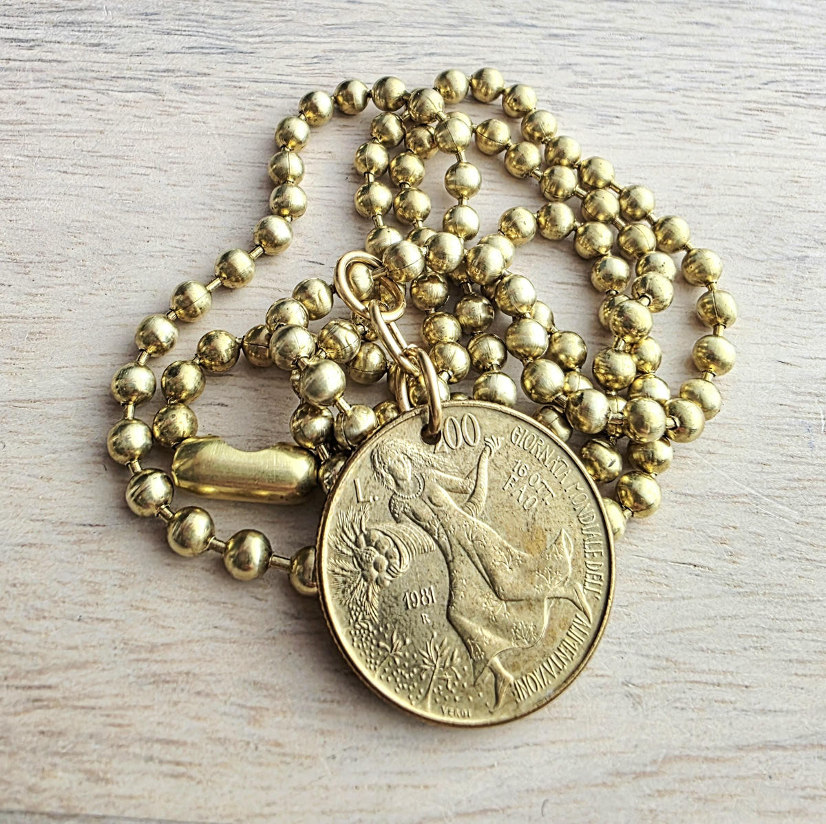 1981 200 Lire Italian Coin Necklace, Chunky Brass Ball Chain, World Food Day Coin, Made in USA