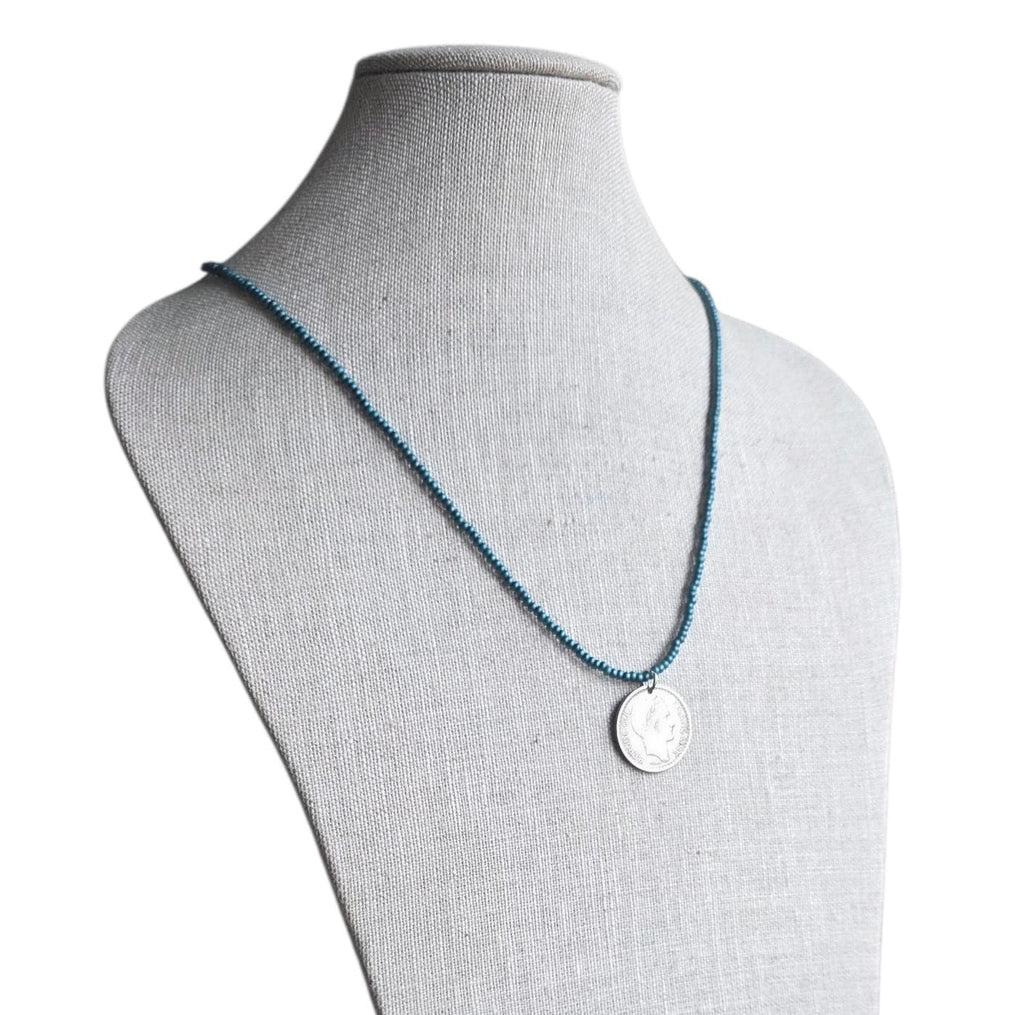 1948 French Coin Necklace, Dark Peacock Teal Glass Seed Bead Chain, 10 Francs, Gift Boxed, Made in USA