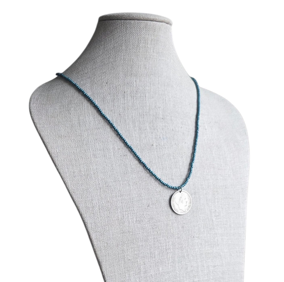 1948 French Coin Necklace, Dark Peacock Teal Glass Seed Bead Chain, 10 Francs, Gift Boxed, Made in USA