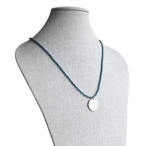 1948 French Coin Necklace, Dark Peacock Teal Glass Seed Bead Chain, 10 Francs, Gift Boxed, Made in USA