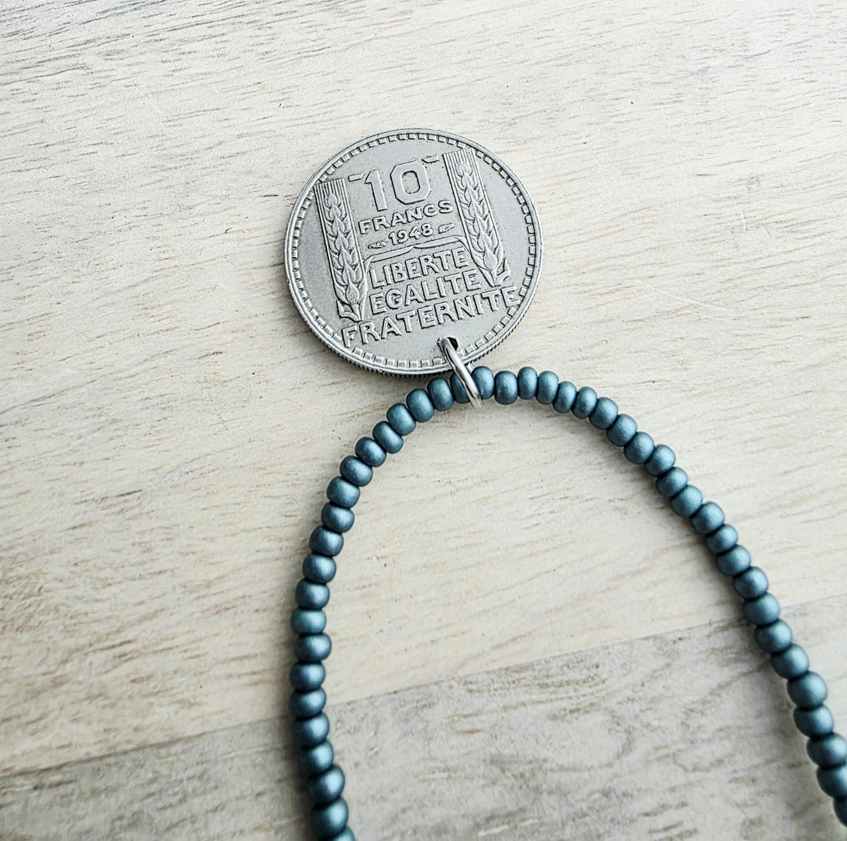 1948 French Coin Necklace, Dark Peacock Teal Glass Seed Bead Chain, 10 Francs, Gift Boxed, Made in USA