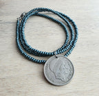 1948 French Coin Necklace, Dark Peacock Teal Glass Seed Bead Chain, 10 Francs, Gift Boxed, Made in USA