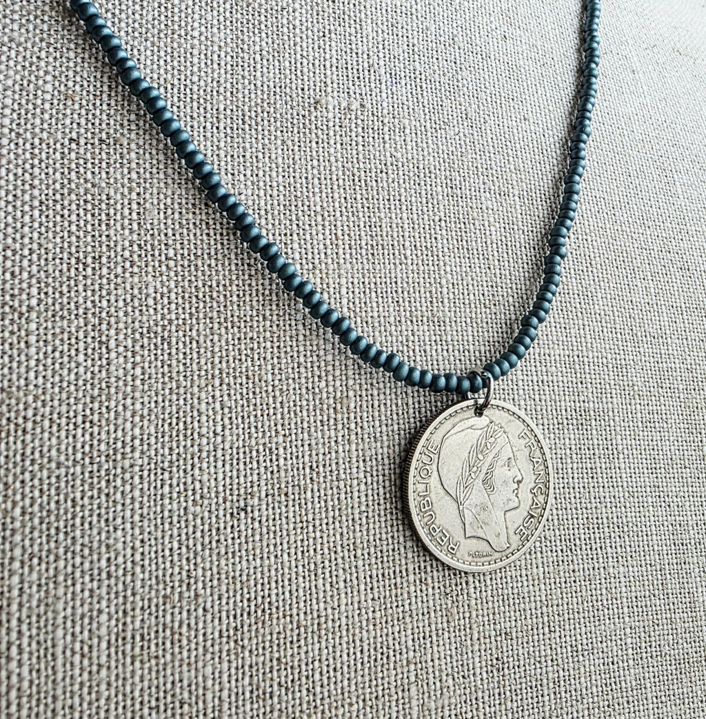 1948 French Coin Necklace, Dark Peacock Teal Glass Seed Bead Chain, 10 Francs, Gift Boxed, Made in USA