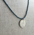 1948 French Coin Necklace, Dark Peacock Teal Glass Seed Bead Chain, 10 Francs, Gift Boxed, Made in USA