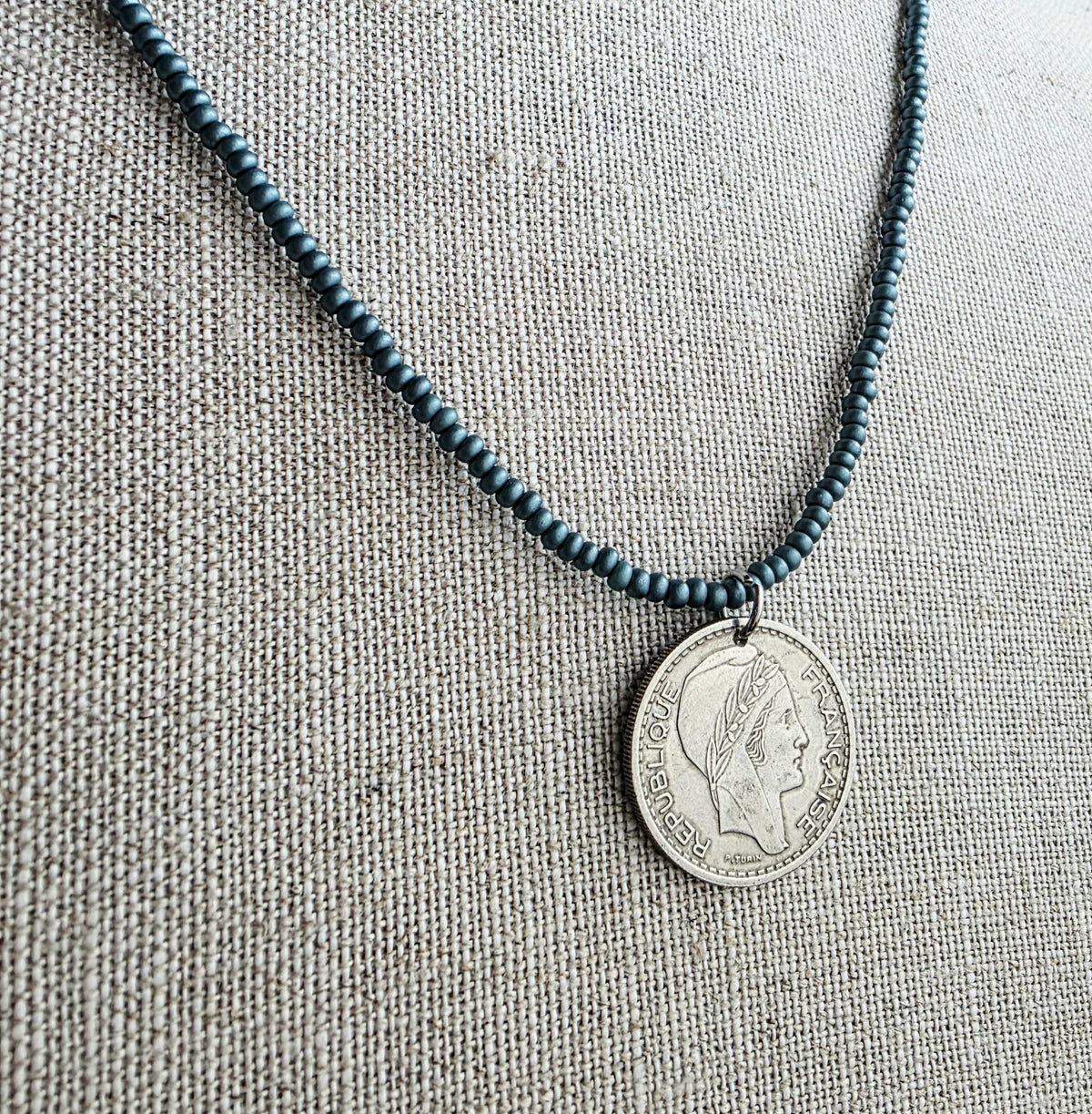 1948 French Coin Necklace, Dark Peacock Teal Glass Seed Bead Chain, 10 Francs, Gift Boxed, Made in USA