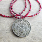 1955 Cyprus Coin Necklace, Cranberry Glass Beaded Long Chain, Pinks & Fuchsia, 925 Sterling Silver Lobster Clasp, Handmade in USA, Gift Box