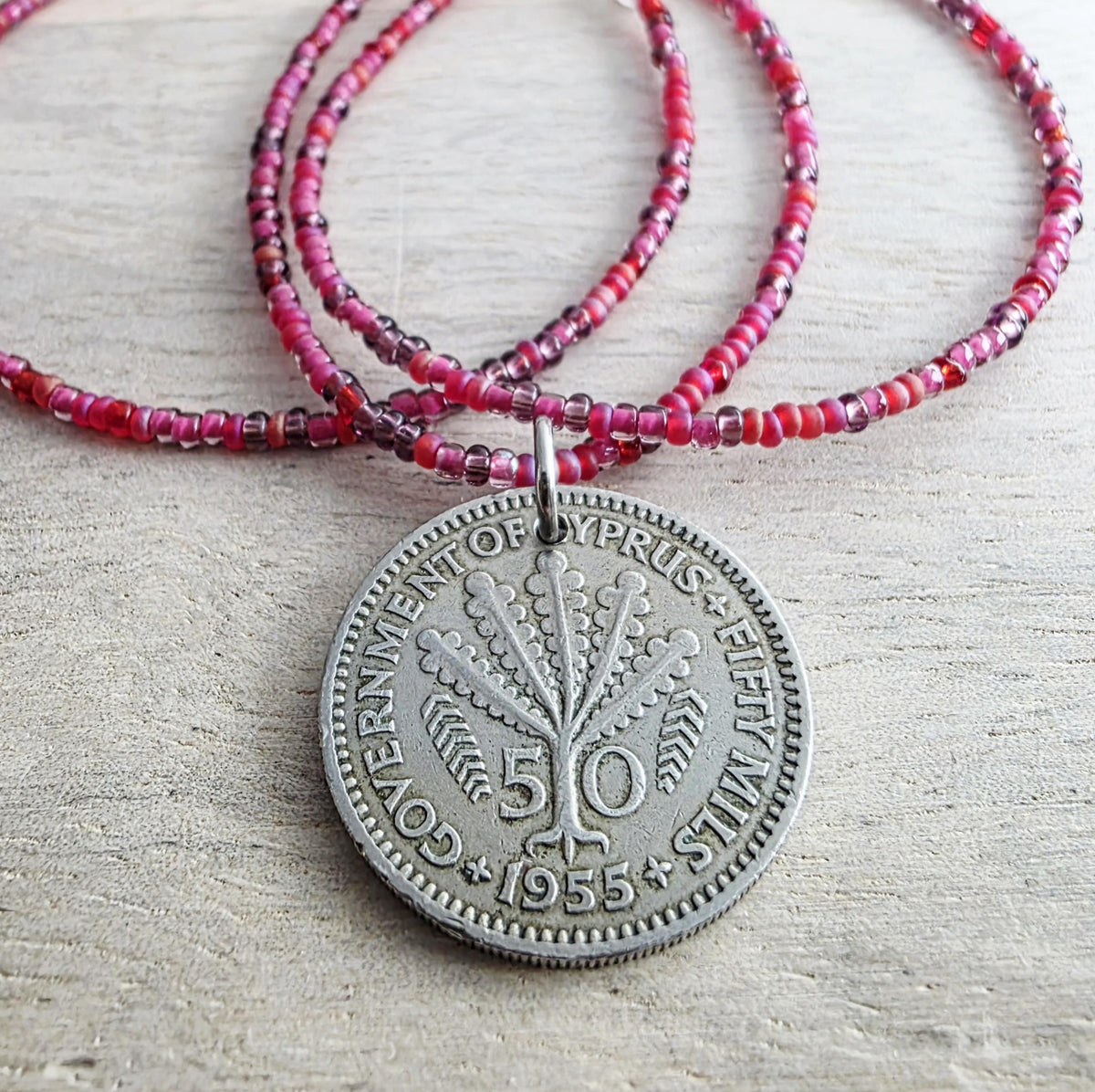 1955 Cyprus Coin Necklace, Cranberry Glass Beaded Long Chain, Pinks & Fuchsia, 925 Sterling Silver Lobster Clasp, Handmade in USA, Gift Box