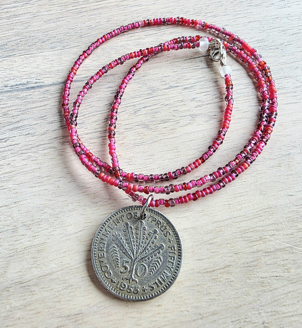 1955 Cyprus Coin Necklace, Cranberry Glass Beaded Long Chain, Pinks & Fuchsia, 925 Sterling Silver Lobster Clasp, Handmade in USA, Gift Box