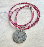 1955 Cyprus Coin Necklace, Cranberry Glass Beaded Long Chain, Pinks & Fuchsia, 925 Sterling Silver Lobster Clasp, Handmade in USA, Gift Box