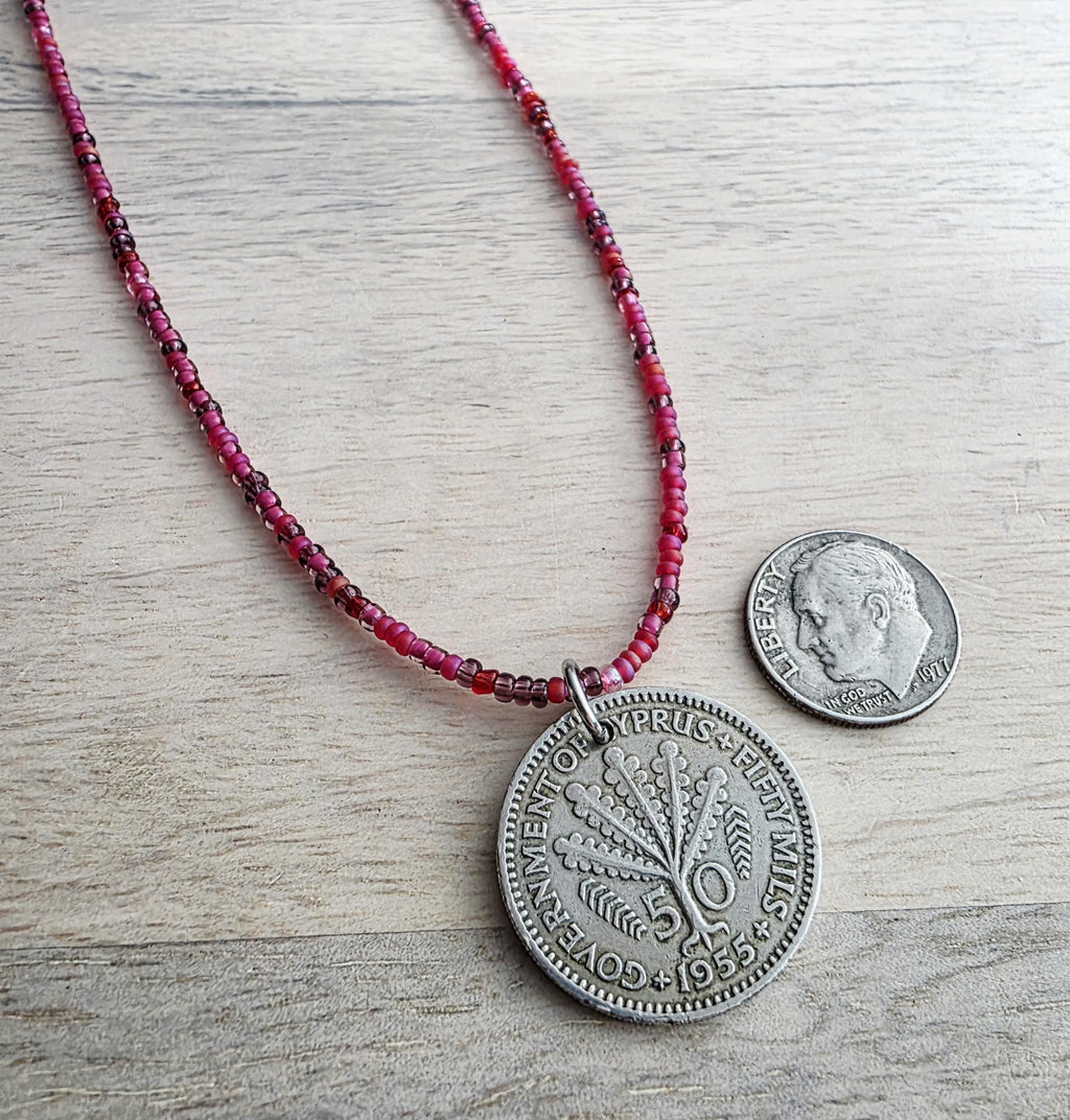 1955 Cyprus Coin Necklace, Cranberry Glass Beaded Long Chain, Pinks & Fuchsia, 925 Sterling Silver Lobster Clasp, Handmade in USA, Gift Box