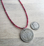 1955 Cyprus Coin Necklace, Cranberry Glass Beaded Long Chain, Pinks & Fuchsia, 925 Sterling Silver Lobster Clasp, Handmade in USA, Gift Box