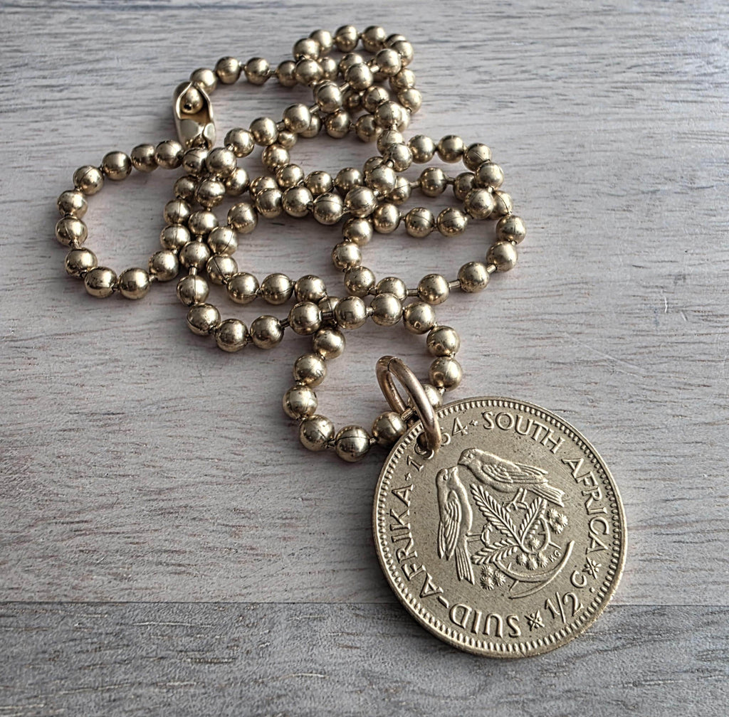 Vintage 1964 South Africa Coin Necklace, Bird Pendant, Handmade by E. Ria Designs