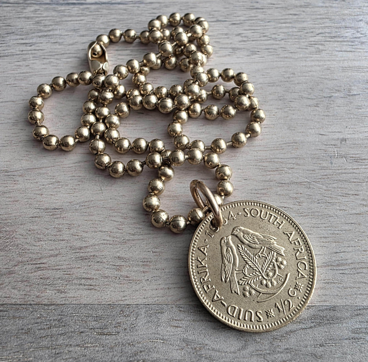 Vintage 1964 South Africa Coin Necklace, Bird Pendant, Handmade by E. Ria Designs