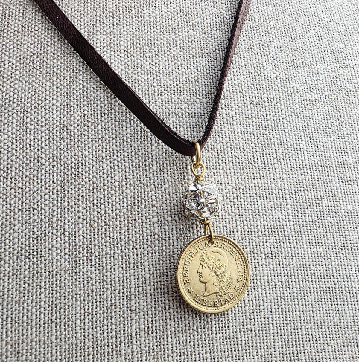 Vintage Argentina Coin Necklace, Brown Leather Cord, Rhinestone Bead, Gift Boxed, Made in USA