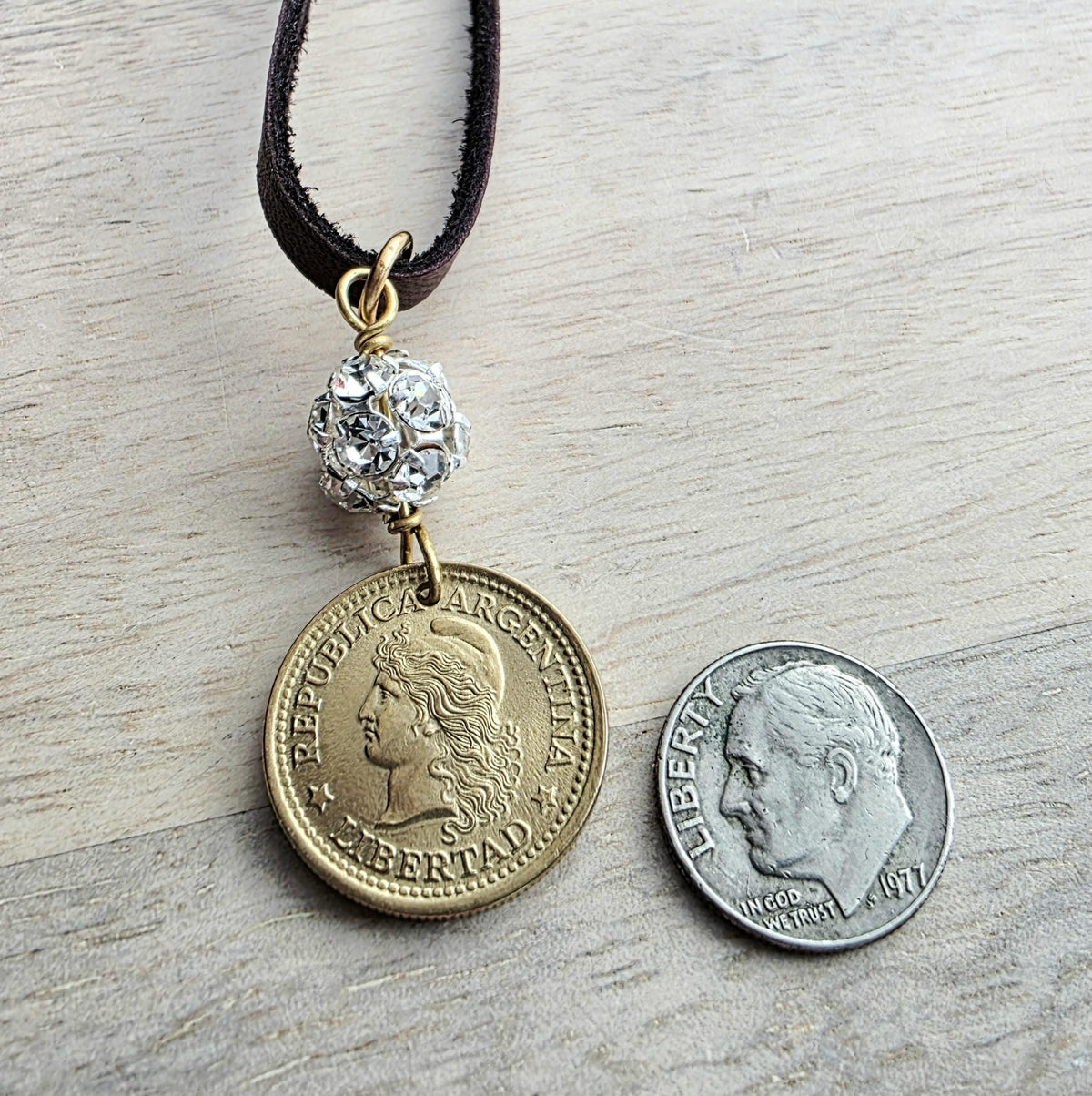 Vintage Argentina Coin Necklace, Brown Leather Cord, Rhinestone Bead, Gift Boxed, Made in USA