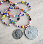 Genuine French Coin Necklace, Old France 1 Franc, Mixed Color Seed Bead Necklace, Made in USA, E. Ria Designs