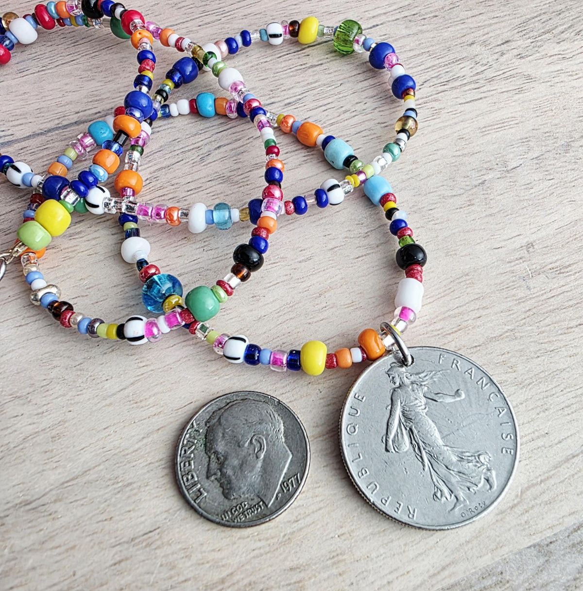 Genuine French Coin Necklace, Old France 1 Franc, Mixed Color Seed Bead Necklace, Made in USA, E. Ria Designs