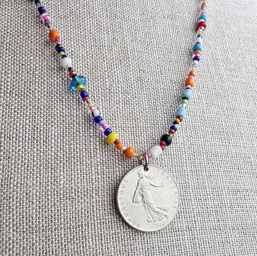 Genuine French Coin Necklace, Old France 1 Franc, Mixed Color Seed Bead Necklace, Made in USA, E. Ria Designs