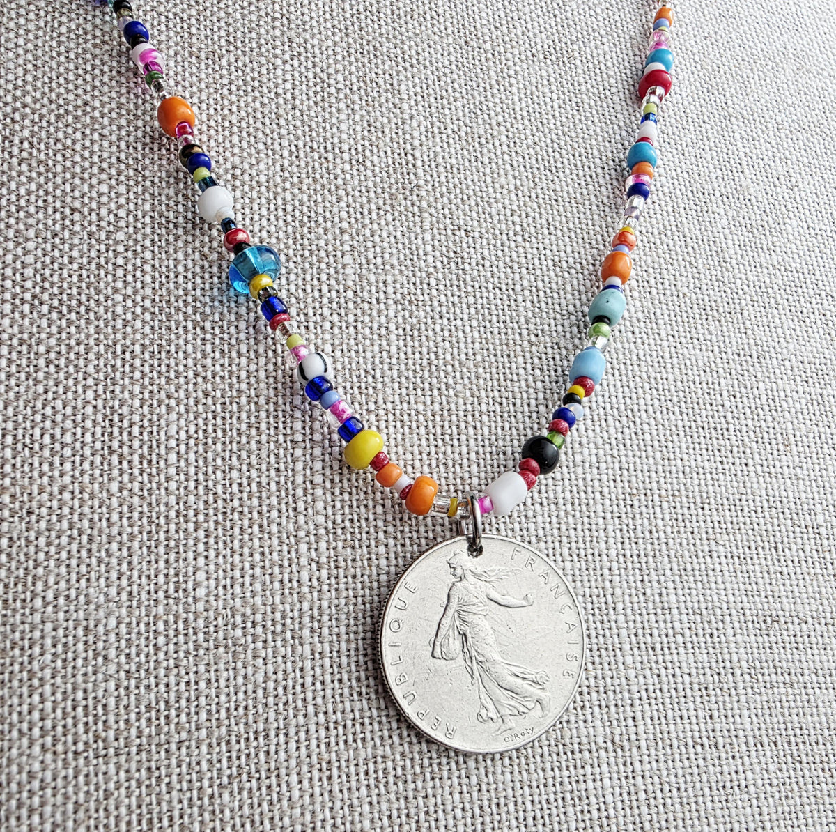 Genuine French Coin Necklace, Old France 1 Franc, Mixed Color Seed Bead Necklace, Made in USA, E. Ria Designs