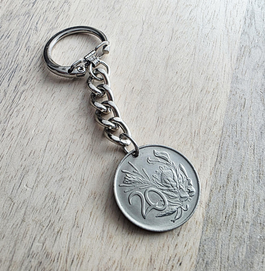 1980 South Africa Coin Keychain, 20 Cent, Birthday Gift, Gift Boxed, Handcrafted in USA by E. Ria Designs