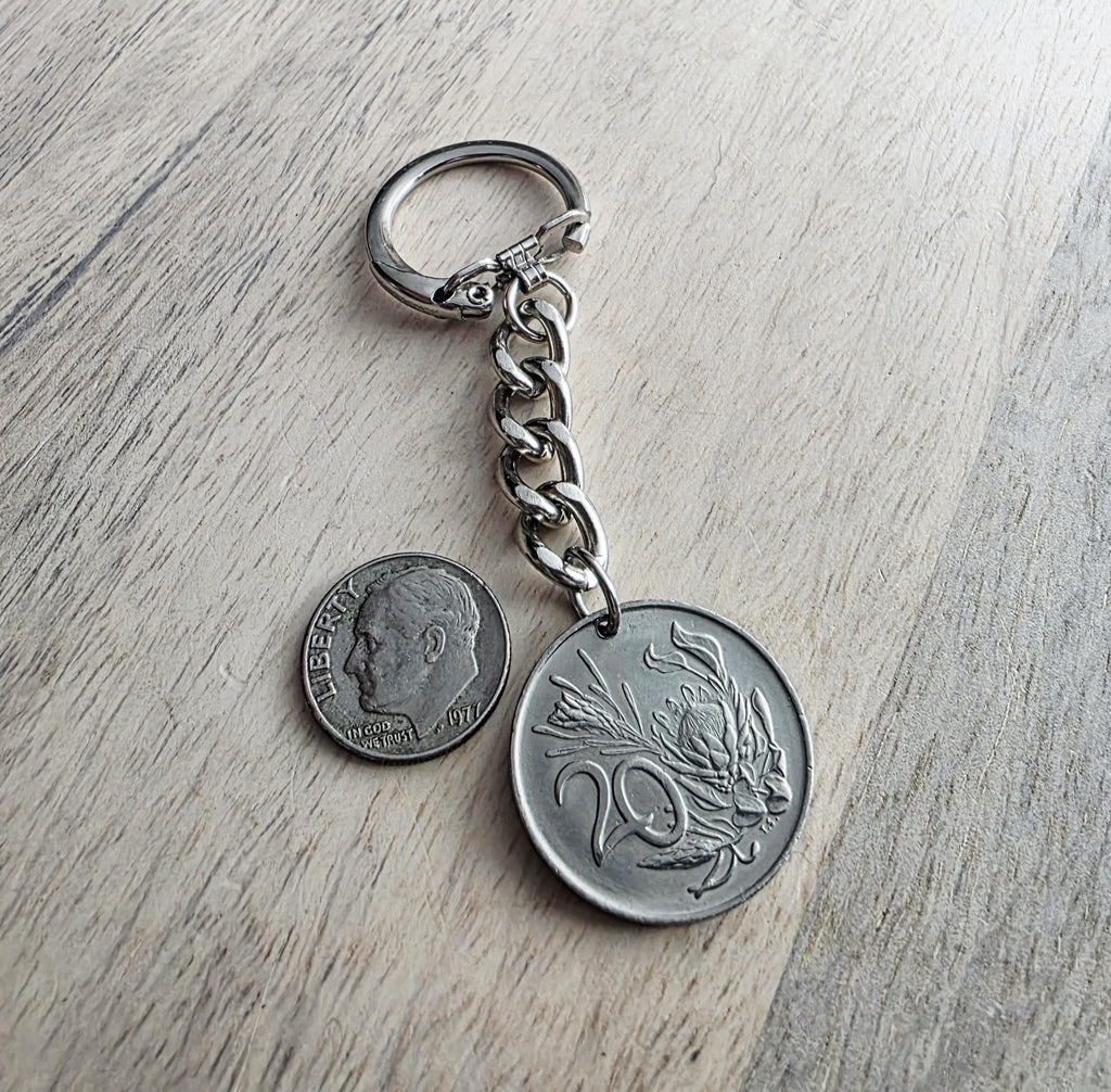 1980 South Africa Coin Keychain, 20 Cent, Birthday Gift, Gift Boxed, Handcrafted in USA by E. Ria Designs
