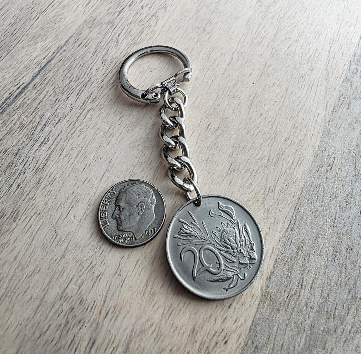 1980 South Africa Coin Keychain, 20 Cent, Birthday Gift, Gift Boxed, Handcrafted in USA by E. Ria Designs