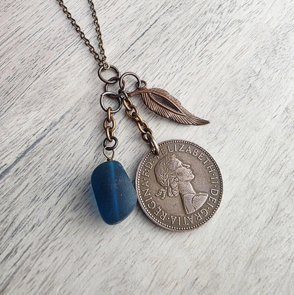 1964 Half Penny British Ship Coin Necklace, Blue Sea Glass, Leaf Charm, E. Ria Designs