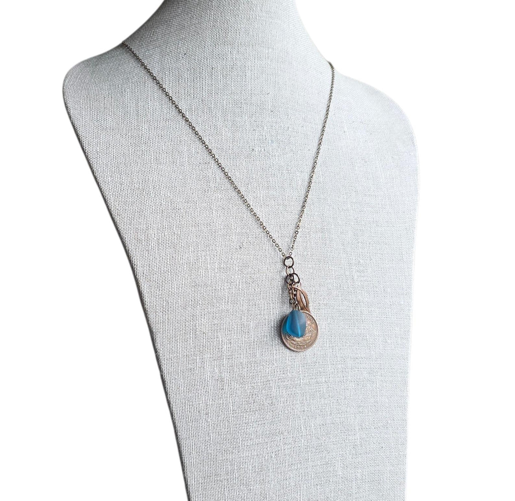 1964 Half Penny British Ship Coin Necklace, Blue Sea Glass, Leaf Charm, E. Ria Designs