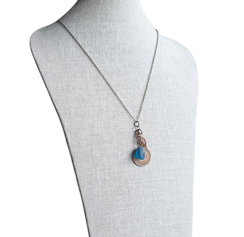 1964 Half Penny British Ship Coin Necklace, Blue Sea Glass, Leaf Charm, E. Ria Designs