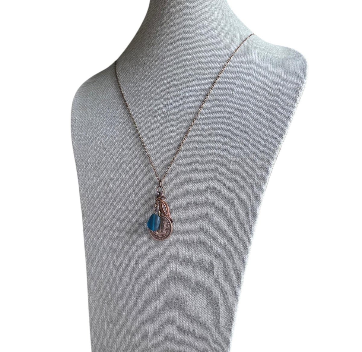 1964 Half Penny British Ship Coin Necklace, Blue Sea Glass, Leaf Charm, E. Ria Designs