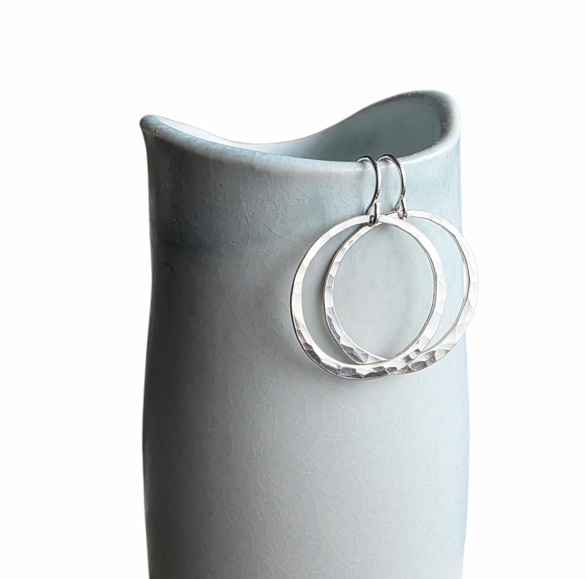 Hammered Sterling Silver Artisan Earrings, 1" Diameter, Made in USA by E. Ria Designs