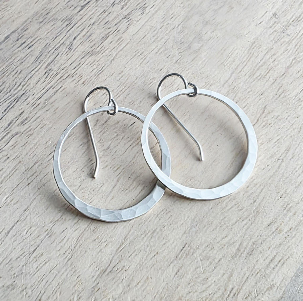 Hammered Sterling Silver Artisan Earrings, 1" Diameter, Made in USA by E. Ria Designs