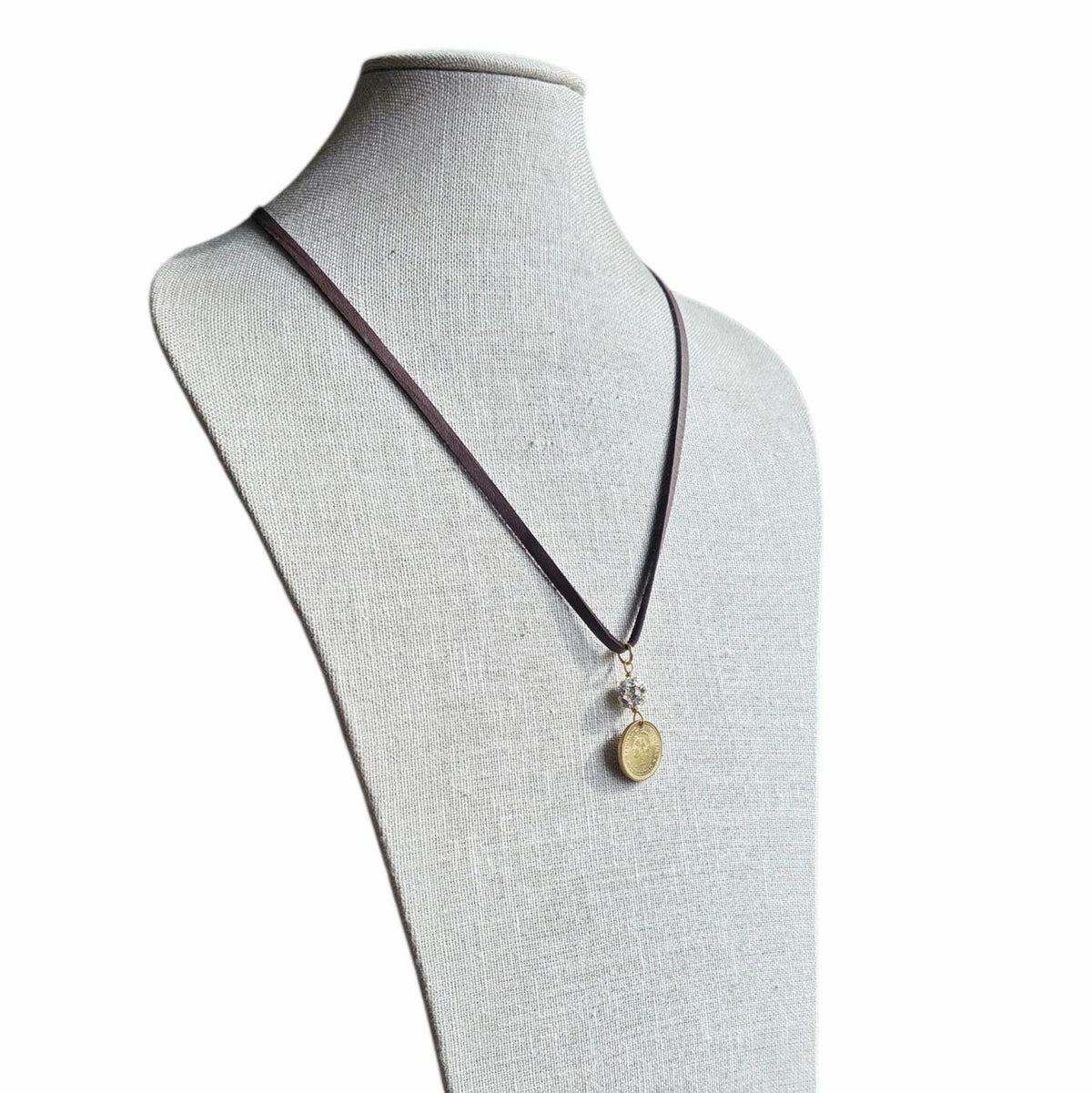 Vintage Argentina Coin Necklace, Brown Leather Cord, Rhinestone Bead, Gift Boxed, Made in USA
