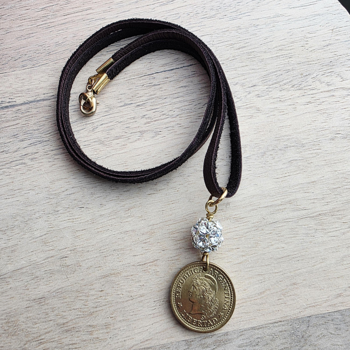 Vintage Argentina Coin Necklace, Brown Leather Cord, Rhinestone Bead, Gift Boxed, Made in USA