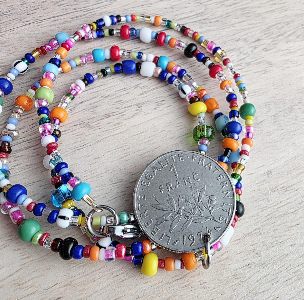 Genuine French Coin Necklace, Old France 1 Franc, Mixed Color Seed Bead Necklace, Made in USA, E. Ria Designs