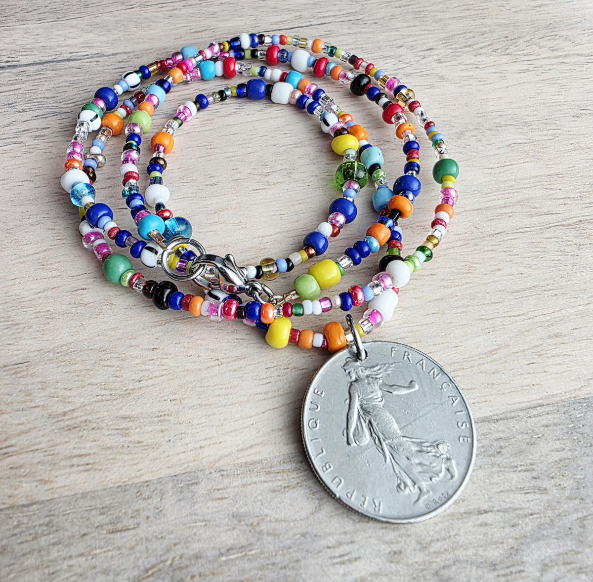 Genuine French Coin Necklace, Old France 1 Franc, Mixed Color Seed Bead Necklace, Made in USA, E. Ria Designs