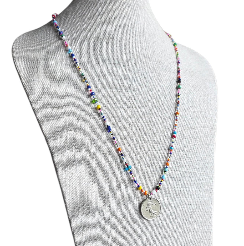Genuine French Coin Necklace, Old France 1 Franc, Mixed Color Seed Bead Necklace, Made in USA, E. Ria Designs