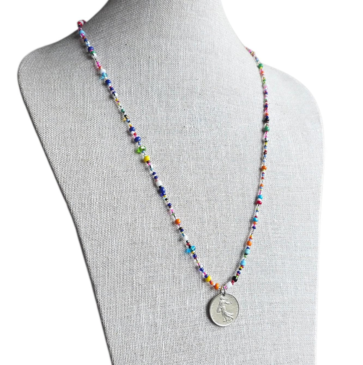 Genuine French Coin Necklace, Old France 1 Franc, Mixed Color Seed Bead Necklace, Made in USA, E. Ria Designs