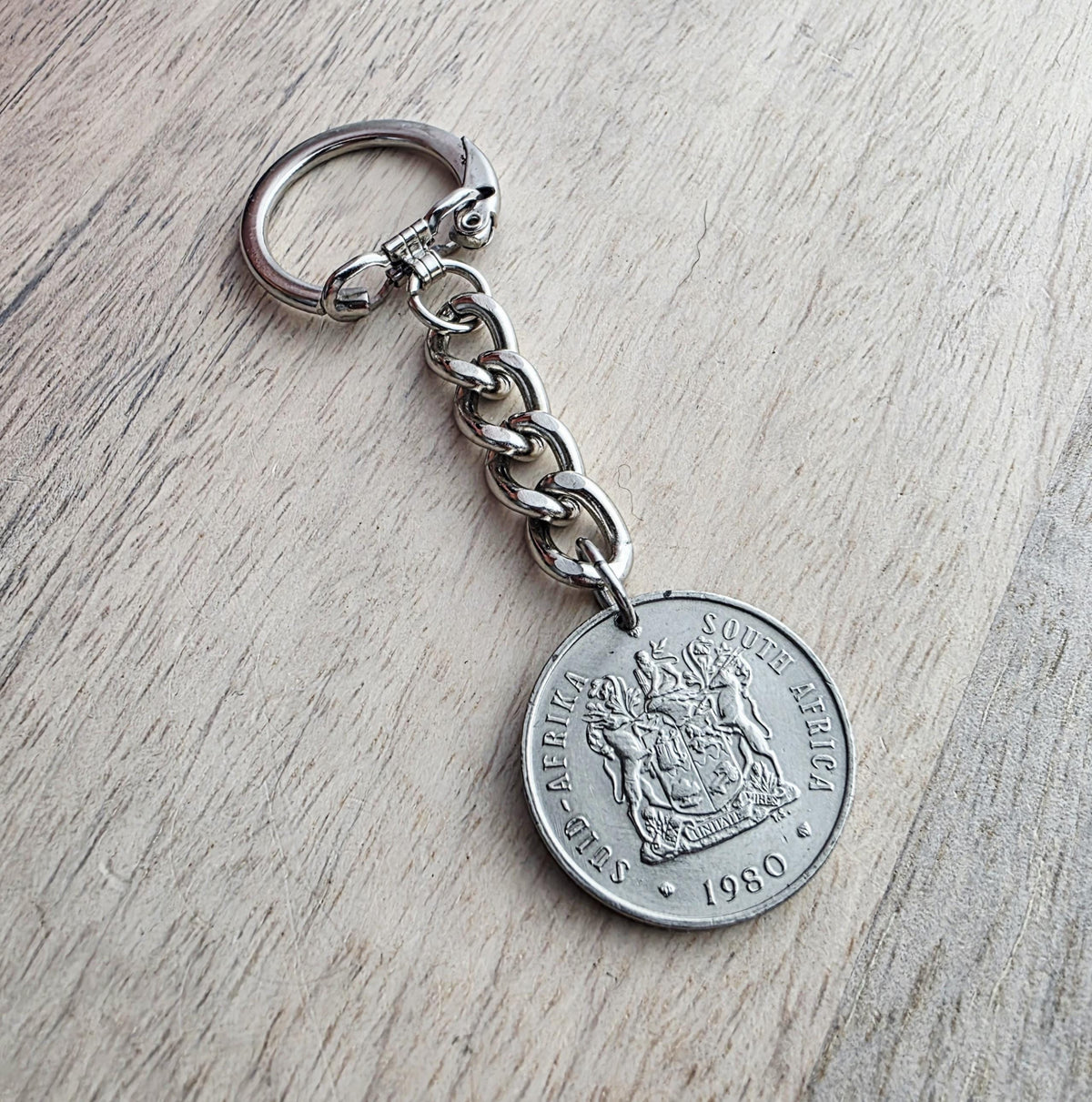 1980 South Africa Coin Keychain, 20 Cent, Birthday Gift, Gift Boxed, Handcrafted in USA by E. Ria Designs
