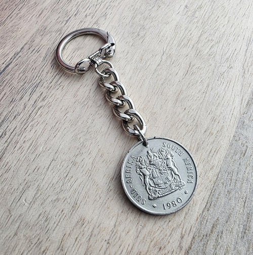 1980 South Africa Coin Keychain, 20 Cent, Birthday Gift, Gift Boxed, Handcrafted in USA by E. Ria Designs