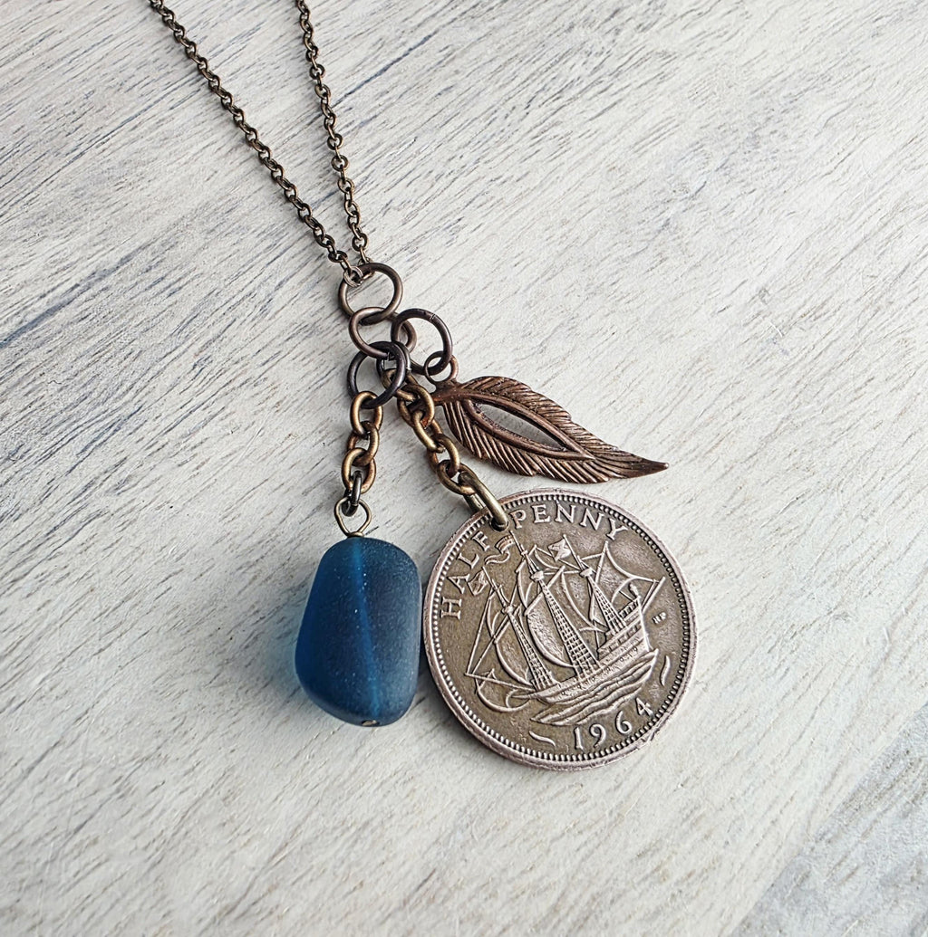 1964 Half Penny British Ship Coin Necklace, Blue Sea Glass, Leaf Charm, E. Ria Designs