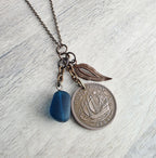 1964 Half Penny British Ship Coin Necklace, Blue Sea Glass, Leaf Charm, E. Ria Designs