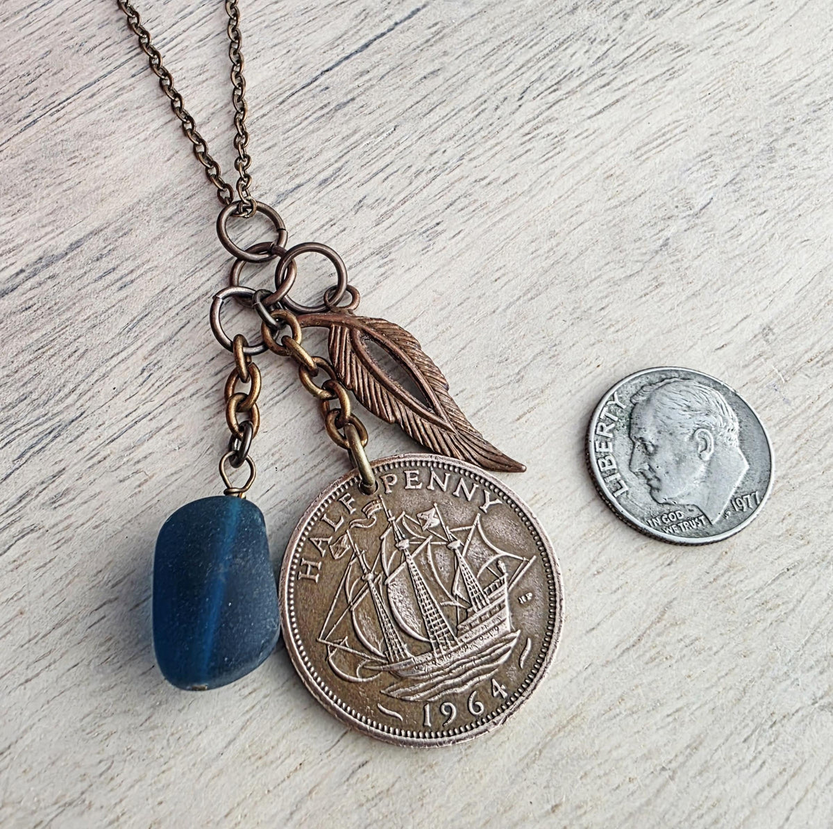 1964 Half Penny British Ship Coin Necklace, Blue Sea Glass, Leaf Charm, E. Ria Designs