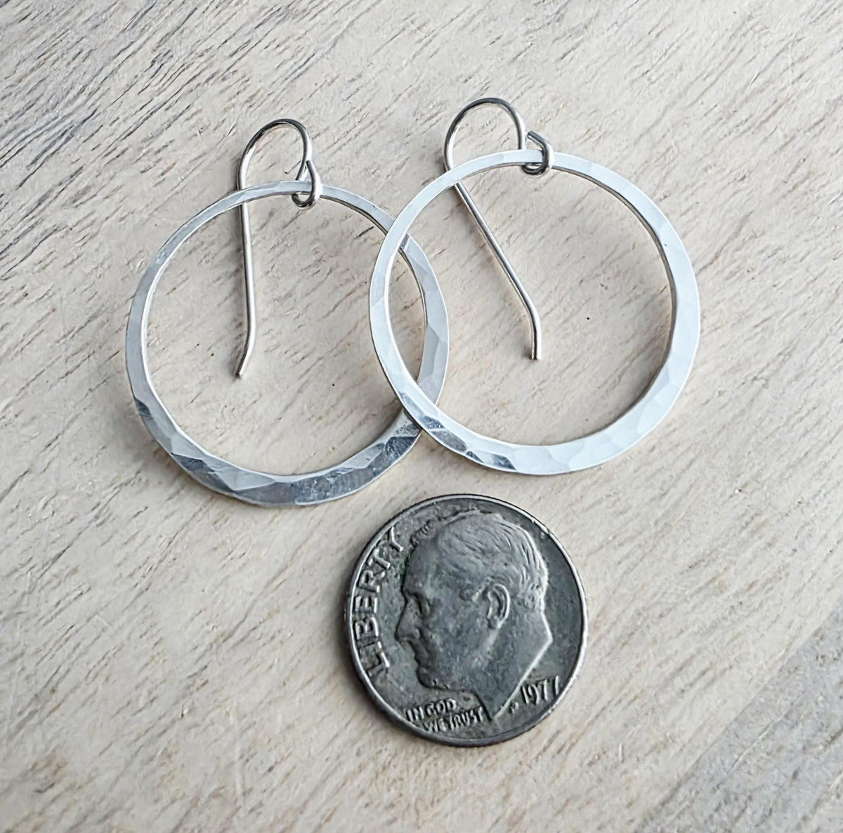 Hammered Sterling Silver Artisan Earrings, 1" Diameter, Made in USA by E. Ria Designs
