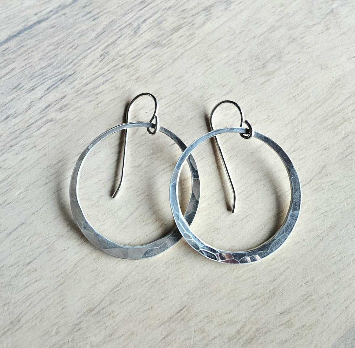 Hammered Sterling Silver Artisan Earrings, 1" Diameter, Made in USA by E. Ria Designs