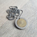 1994 Argentina Gold & Silver Sun Coin Necklace, 1 Peso, Sunshine, Stainless Steel Ball Chain, Gift Boxed, Made in USA by E. Ria Designs