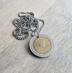 1994 Argentina Gold & Silver Sun Coin Necklace, 1 Peso, Sunshine, Stainless Steel Ball Chain, Gift Boxed, Made in USA by E. Ria Designs