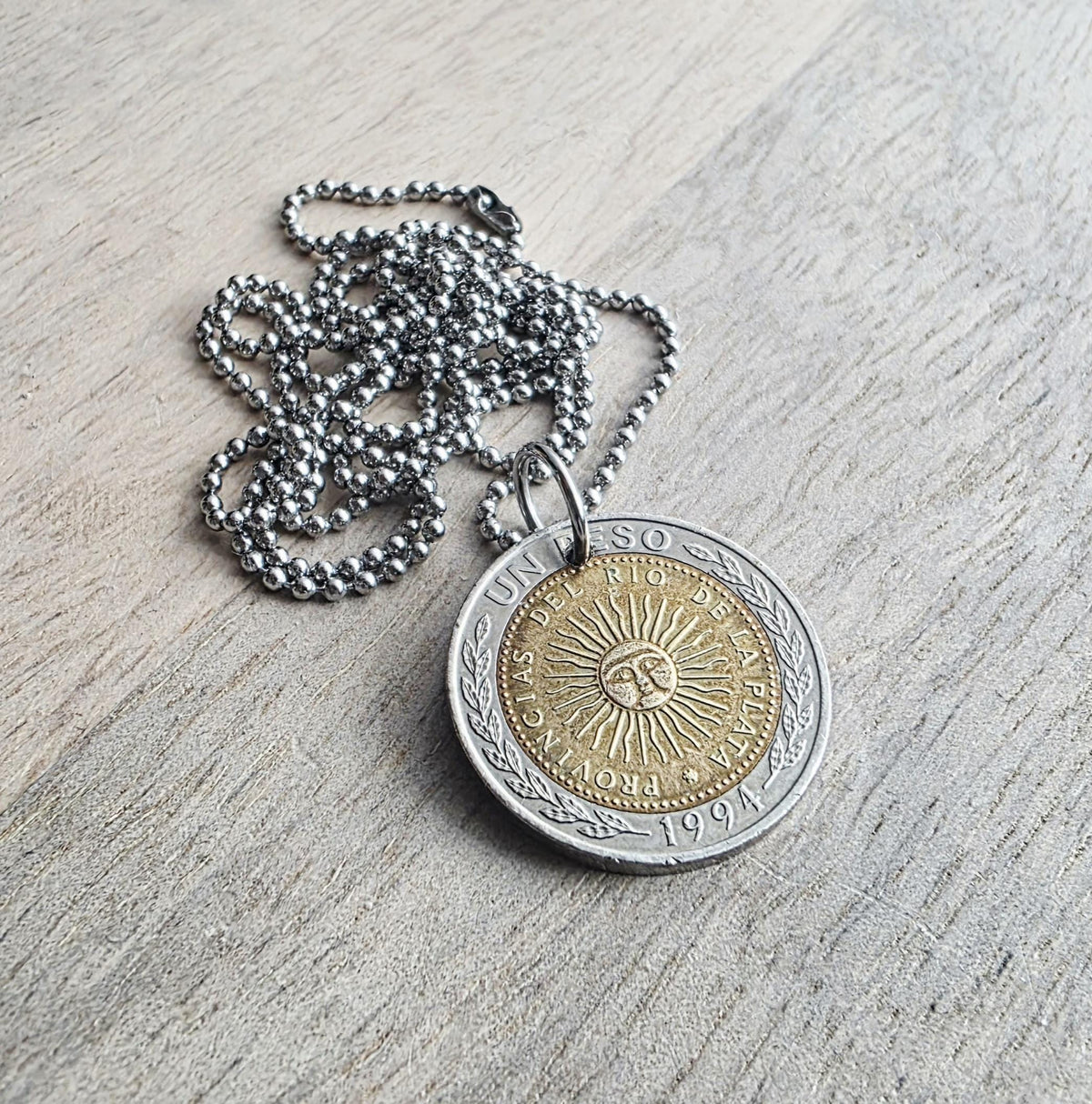 1994 Argentina Gold & Silver Sun Coin Necklace, 1 Peso, Sunshine, Stainless Steel Ball Chain, Gift Boxed, Made in USA by E. Ria Designs