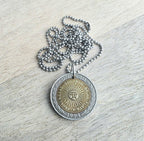1994 Argentina Gold & Silver Sun Coin Necklace, 1 Peso, Sunshine, Stainless Steel Ball Chain, Gift Boxed, Made in USA by E. Ria Designs